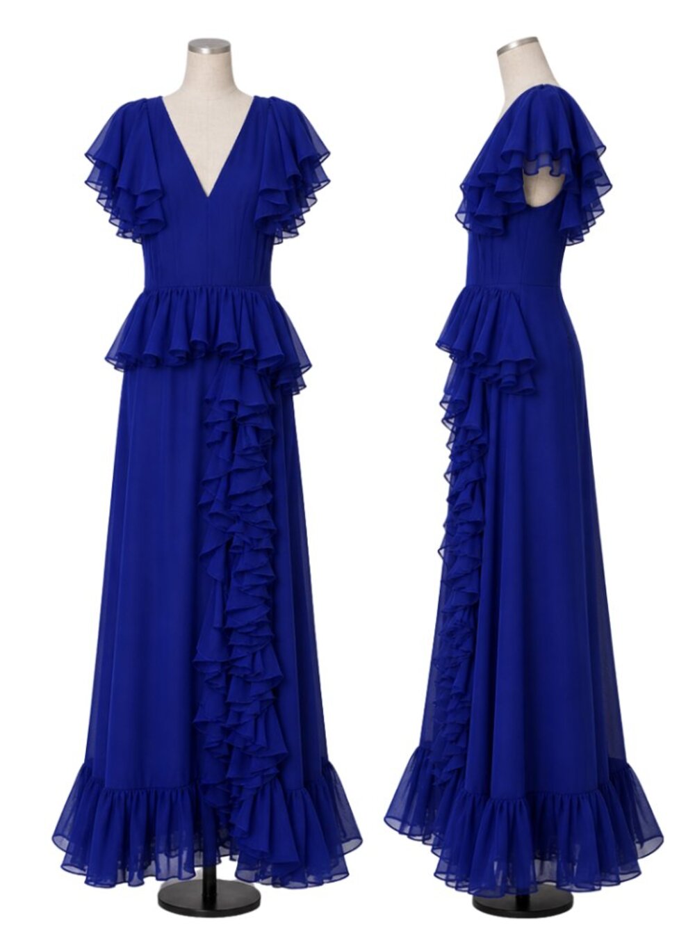 STUNNING Jewel Tone Blue Maxi Dress w V-neck & Cascading Ruffle Detail. Size M.